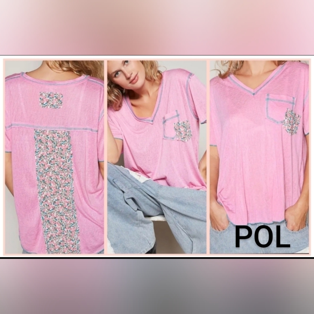 POL Double Patchwork V-neck Pocket T-shirt In Candy Pink  Small,Med,Large NIP
